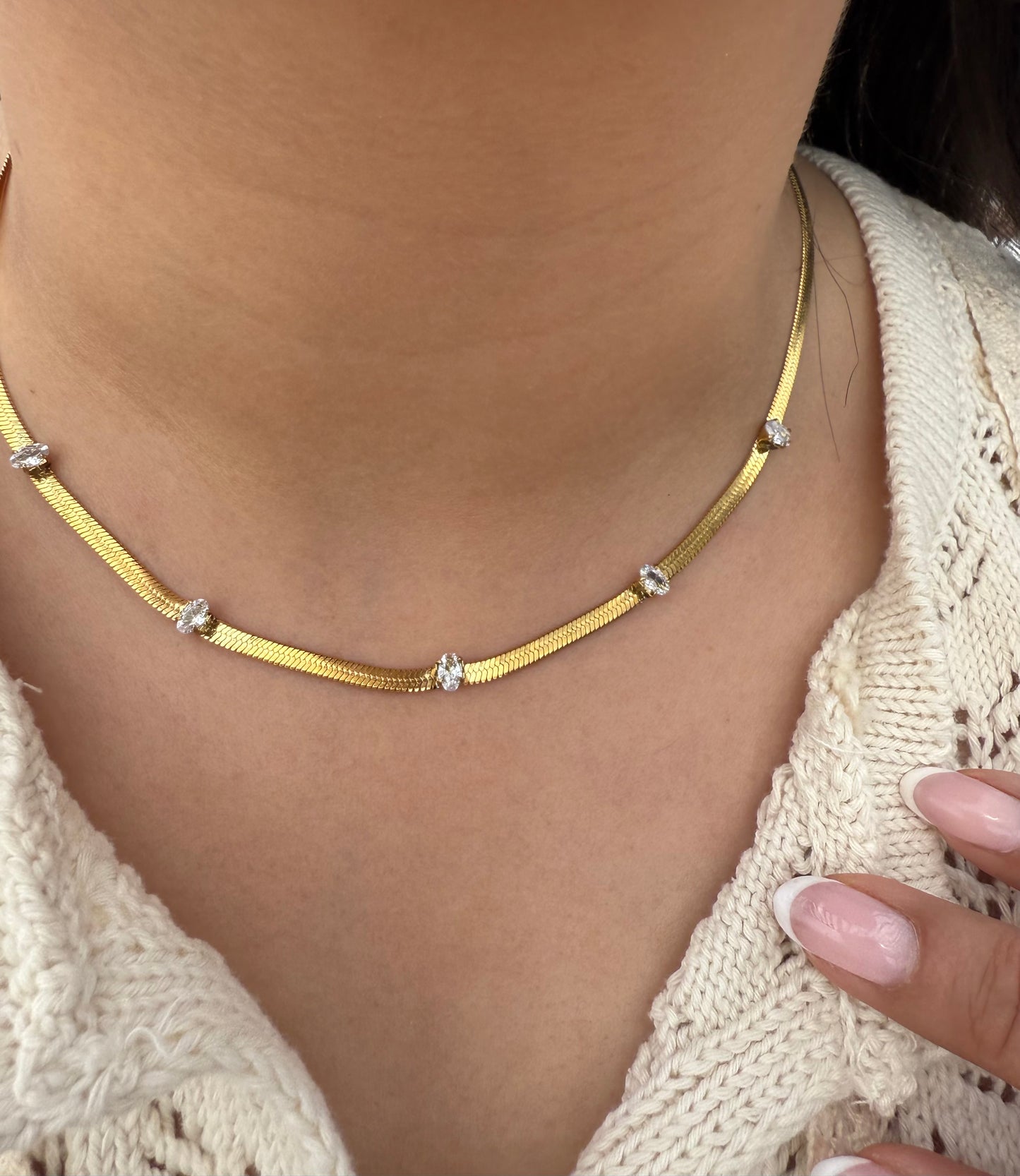 Herringbone Chain x Oval CZ Necklace