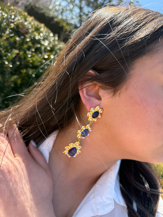 3 Flower Stoned with Pearl Earrings