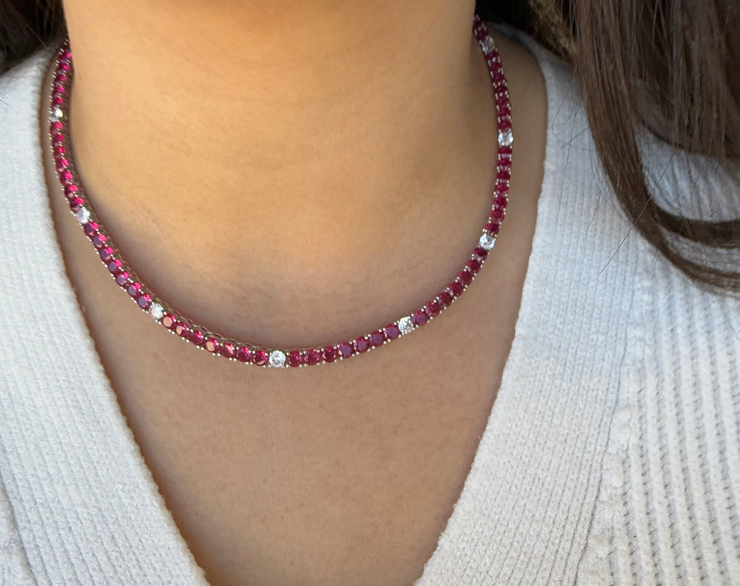 Ruby CZ Scattered Tennis Necklace