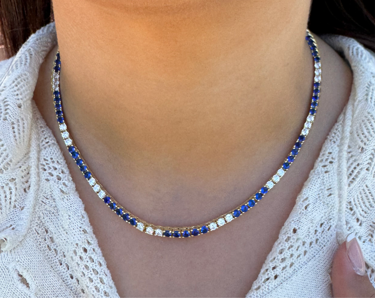 Blue Sapphire & CZ Tennis Necklace