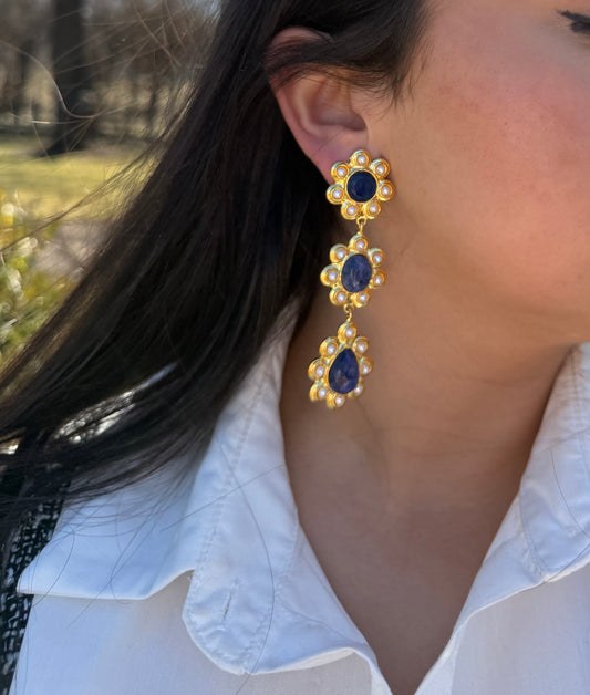 3 Flower Stoned with Pearl Earrings