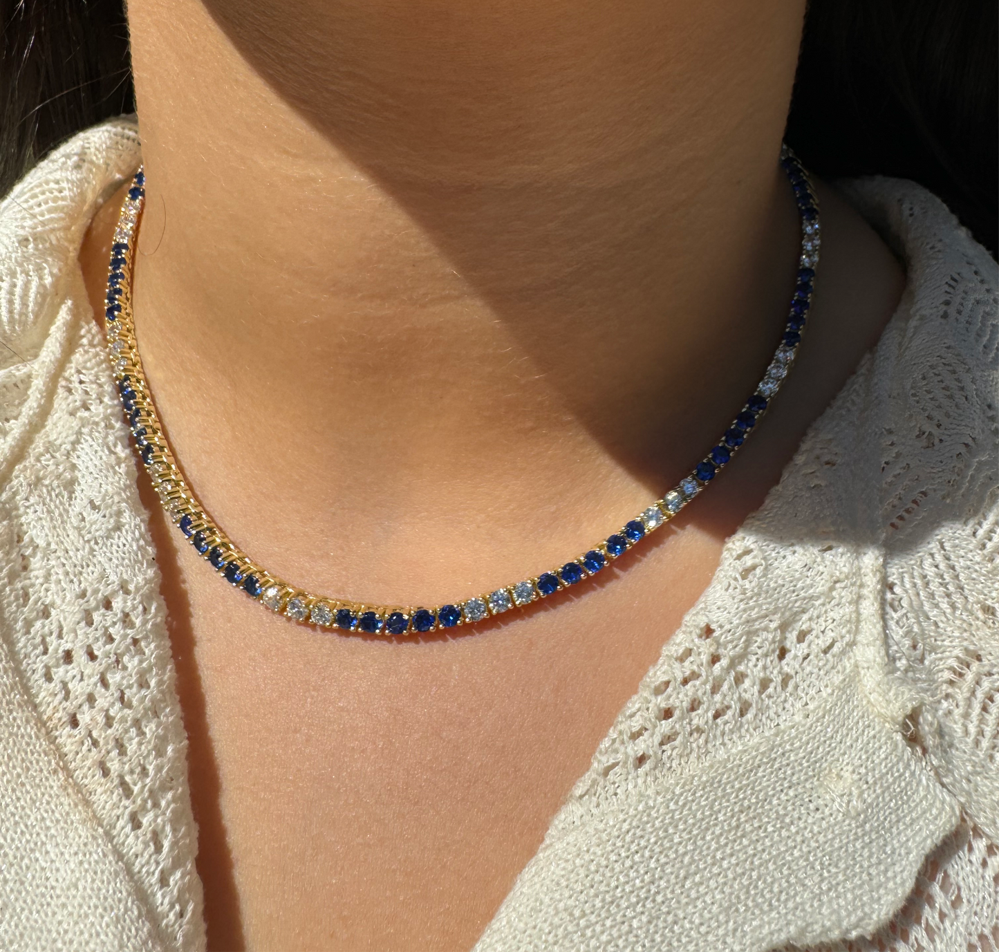 Blue Sapphire & CZ Tennis Necklace
