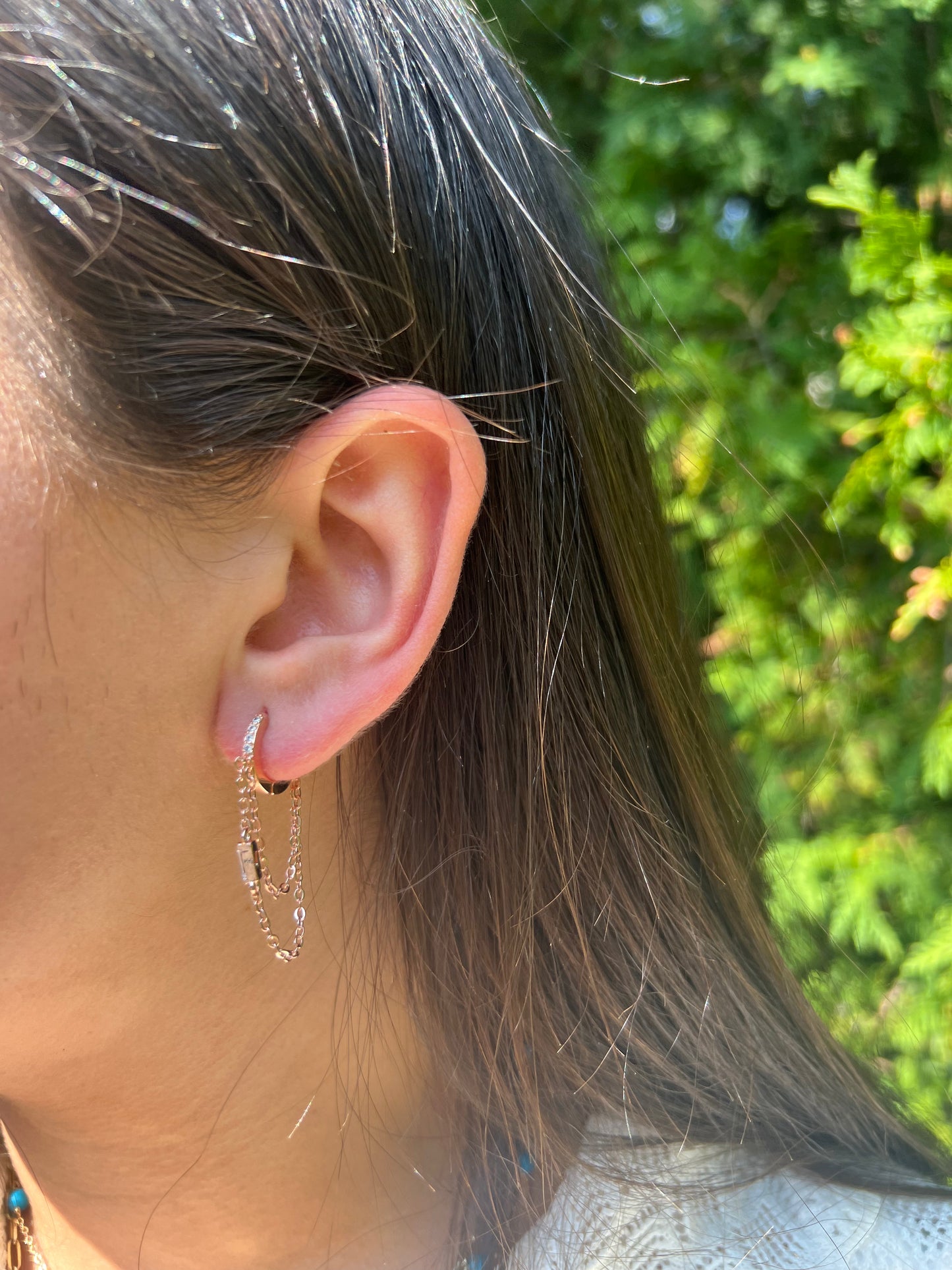 Double rectangle chain hoop earring