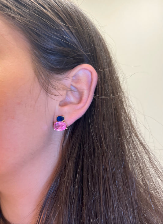 Double Oval Blue X Pink Sapphire Earrings