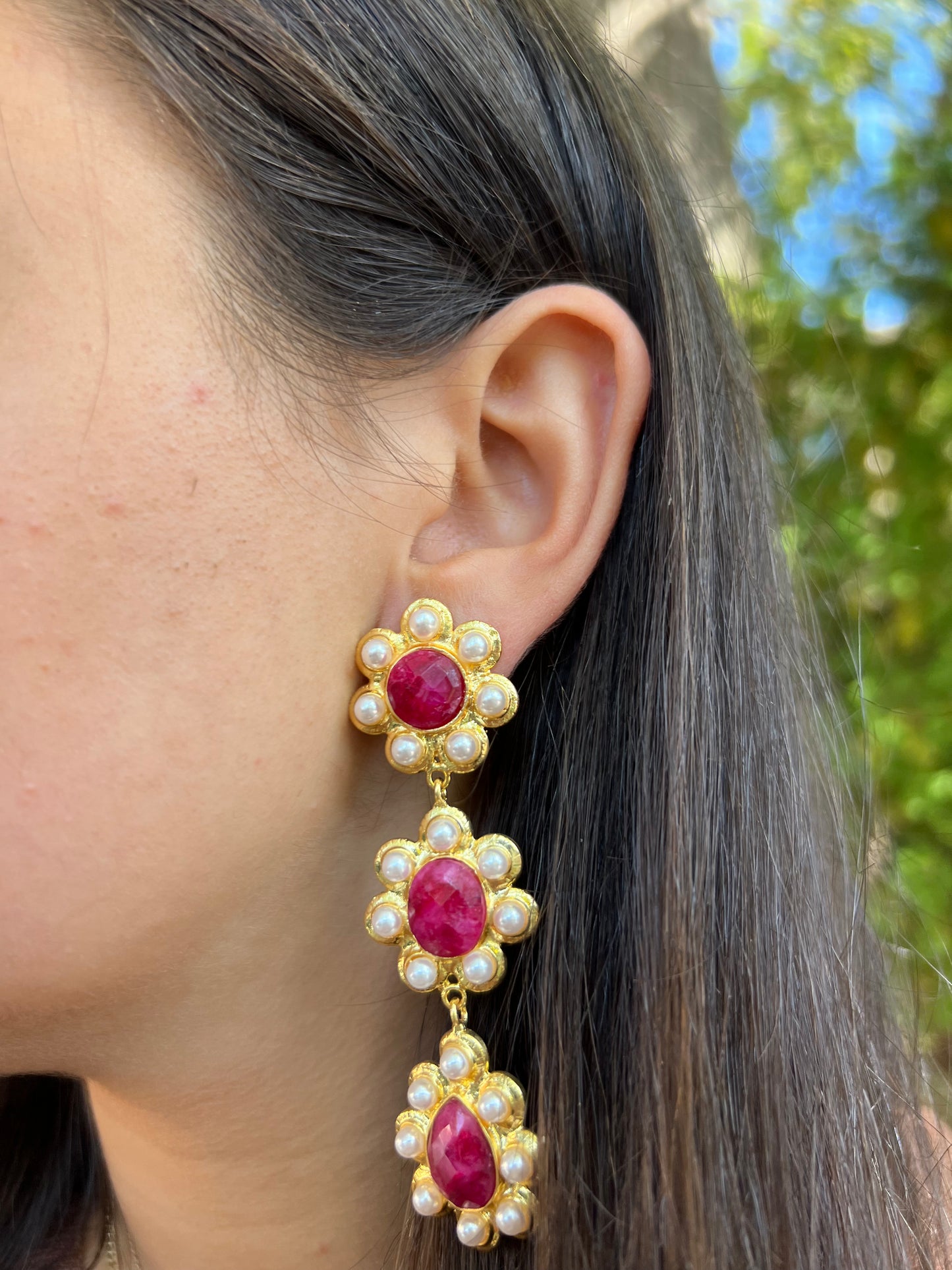 Ruby X Pearl Drop Earrings