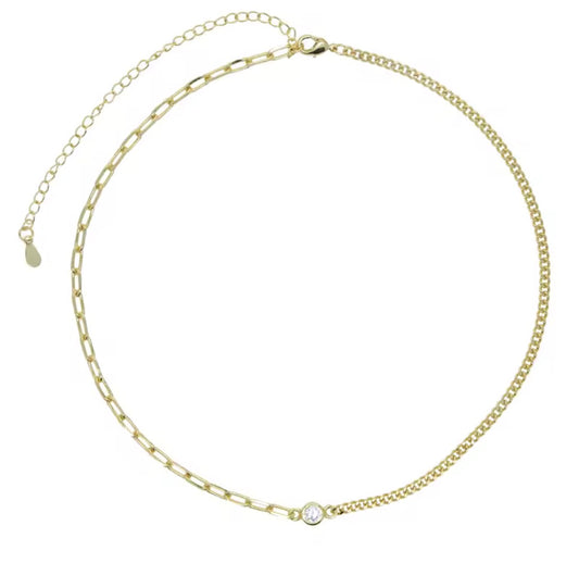 Paperclip X Cuban Chain Bezel Necklace