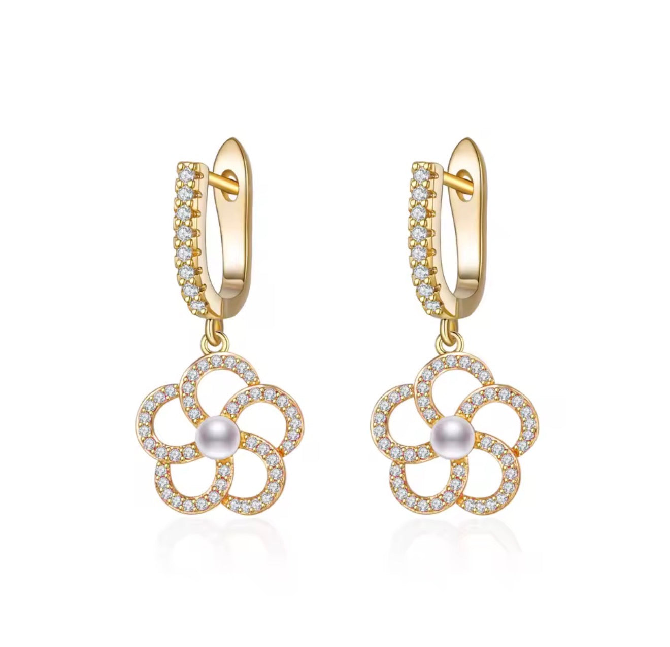 Flower Pearl Huggie Earrings
