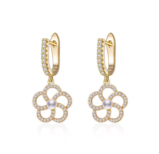 Flower Pearl Huggie Earrings