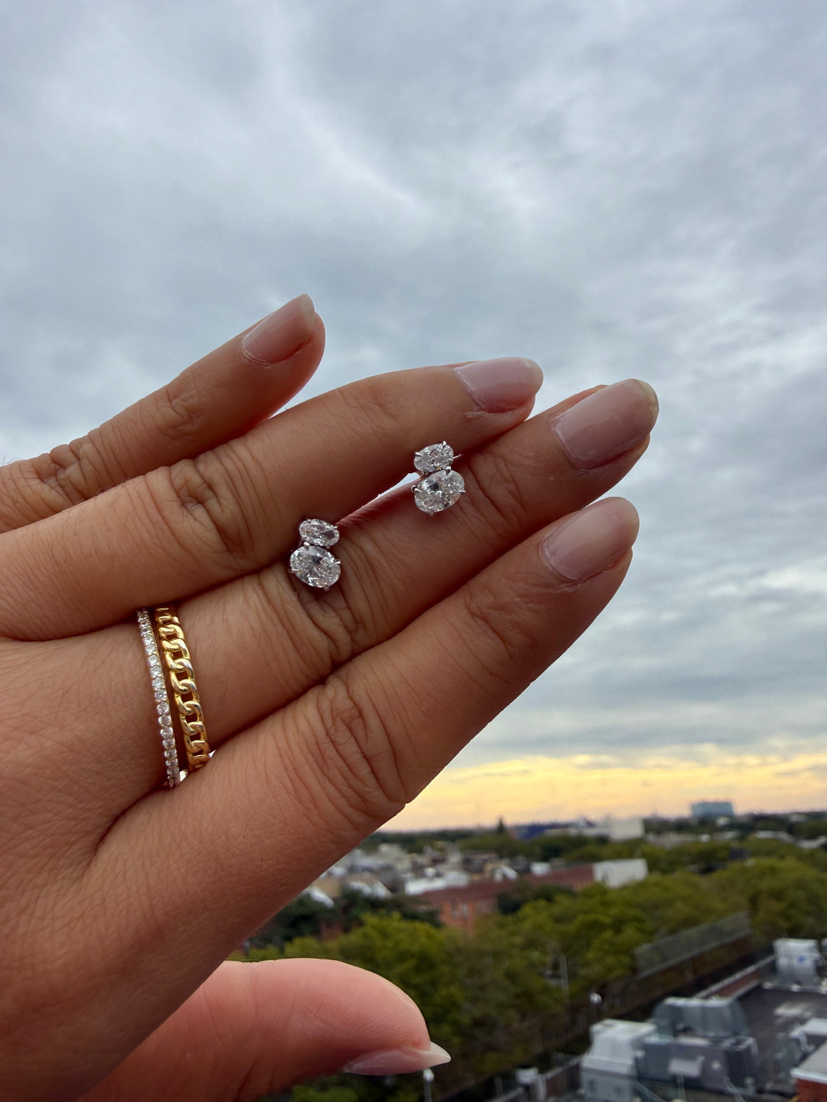 14KT Double Oval Lab Diamond Stud Earrings