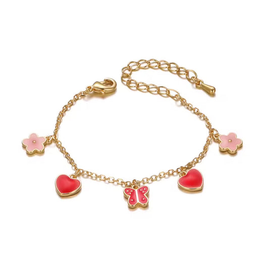 Butterfly, flower & Heart Charm Bracelet