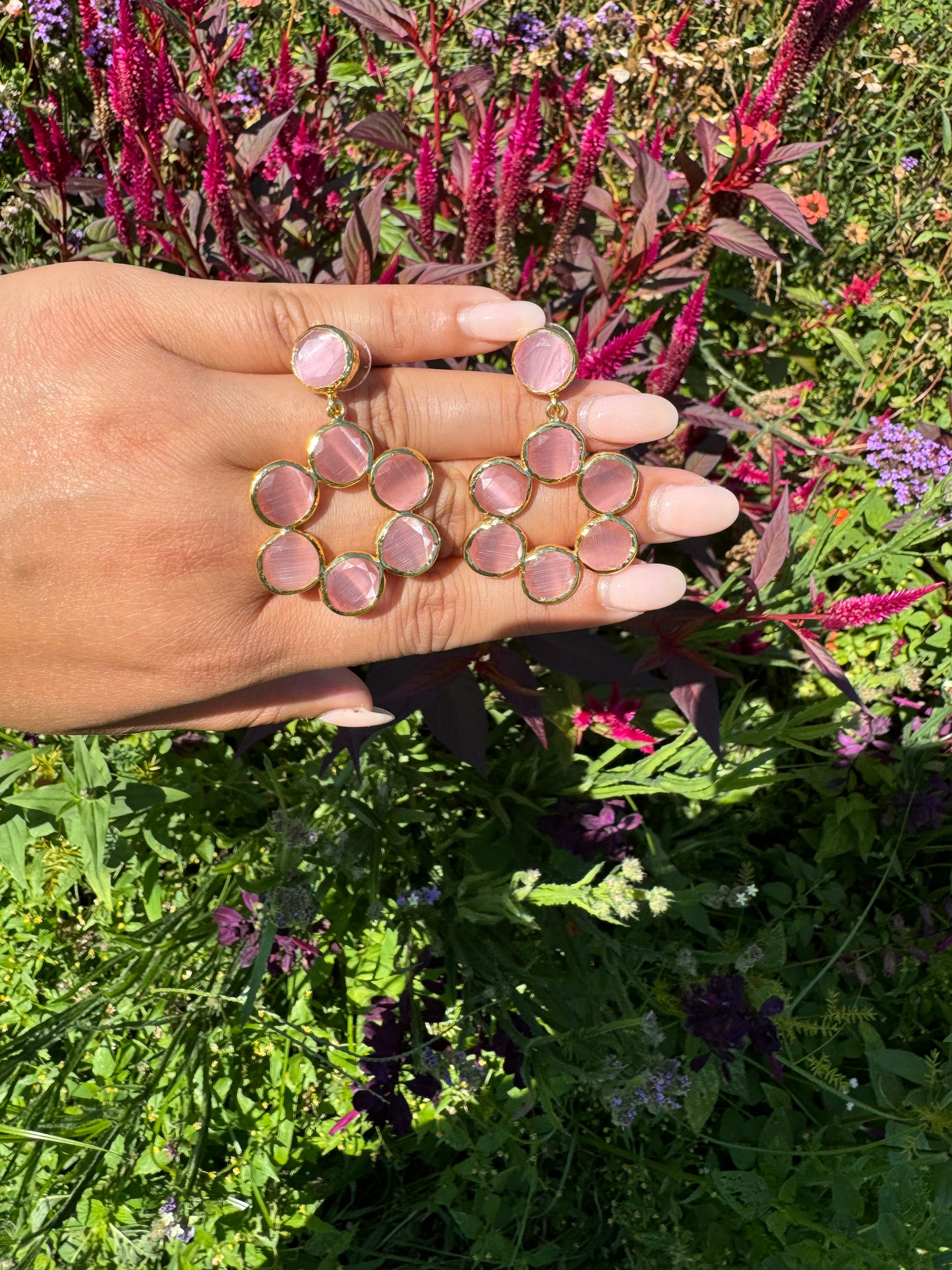 Pink Round Stoned Earrings