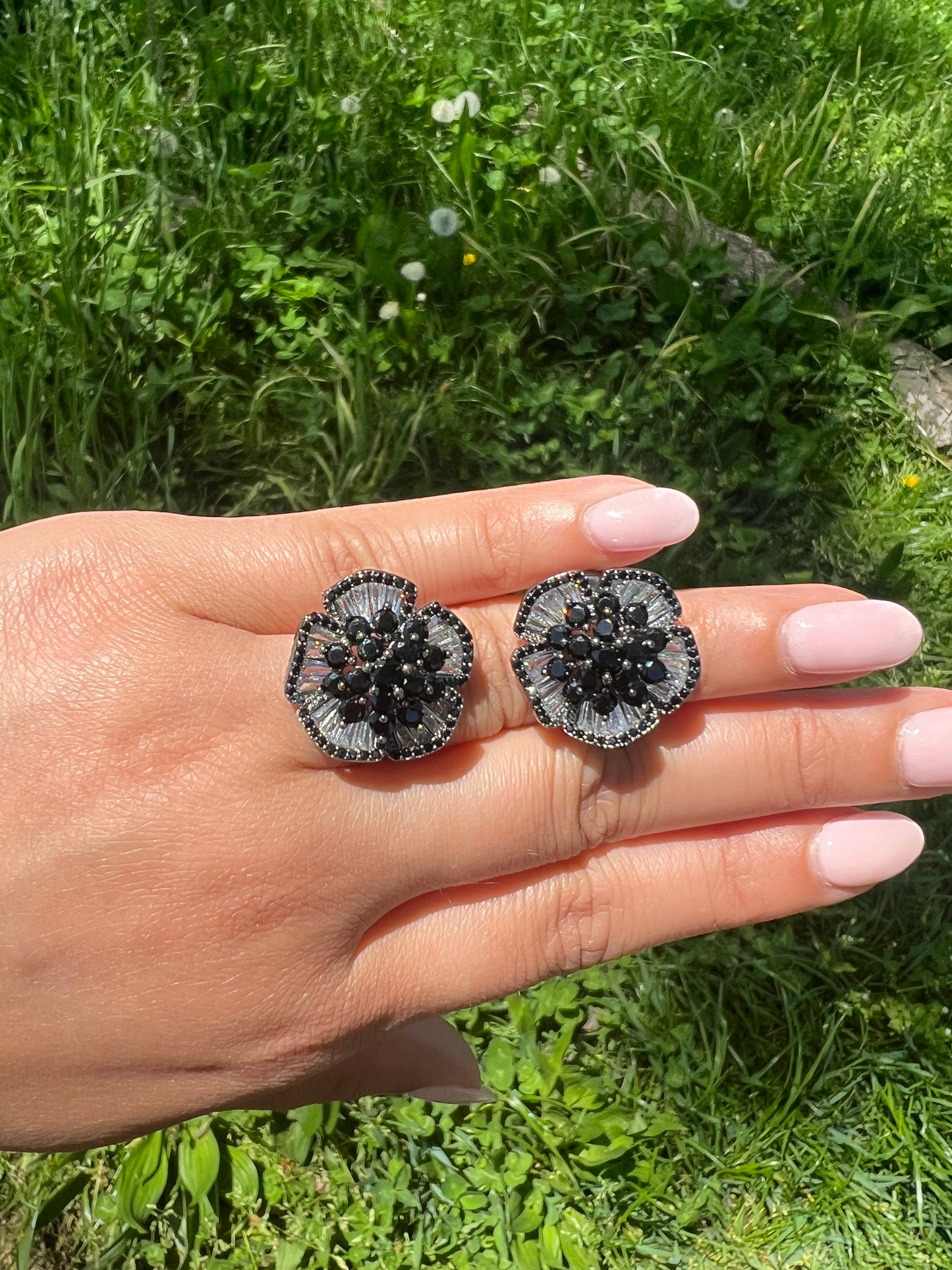 Black Flower n CZ Earrings