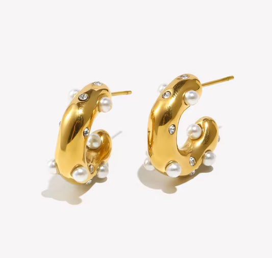 Chunky Pearl X Stud Hoop Earrings
