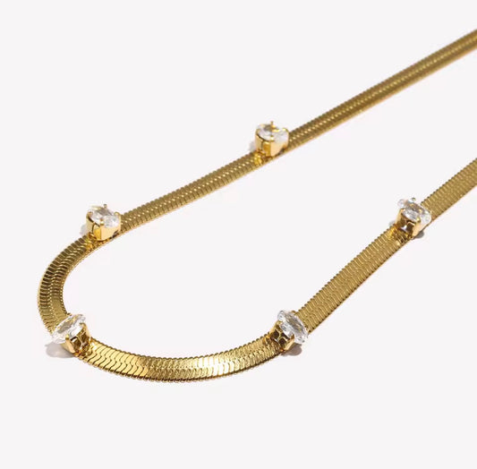 Herringbone Chain x Oval CZ Necklace