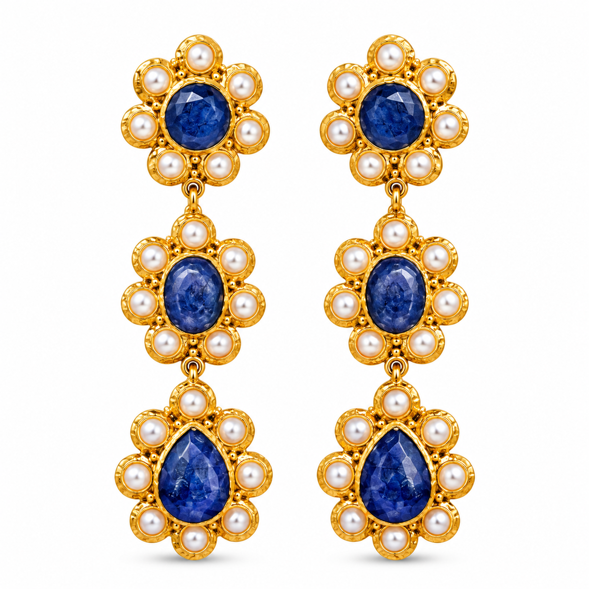 3 Flower Stoned with Pearl Earrings