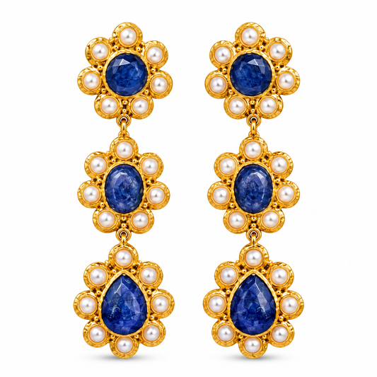 3 Flower Stoned with Pearl Earrings