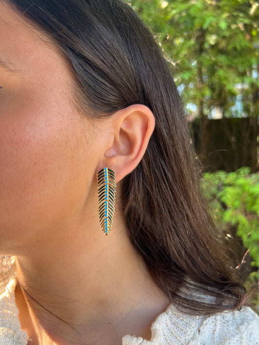 Feather Gold & Turquoise Hoops