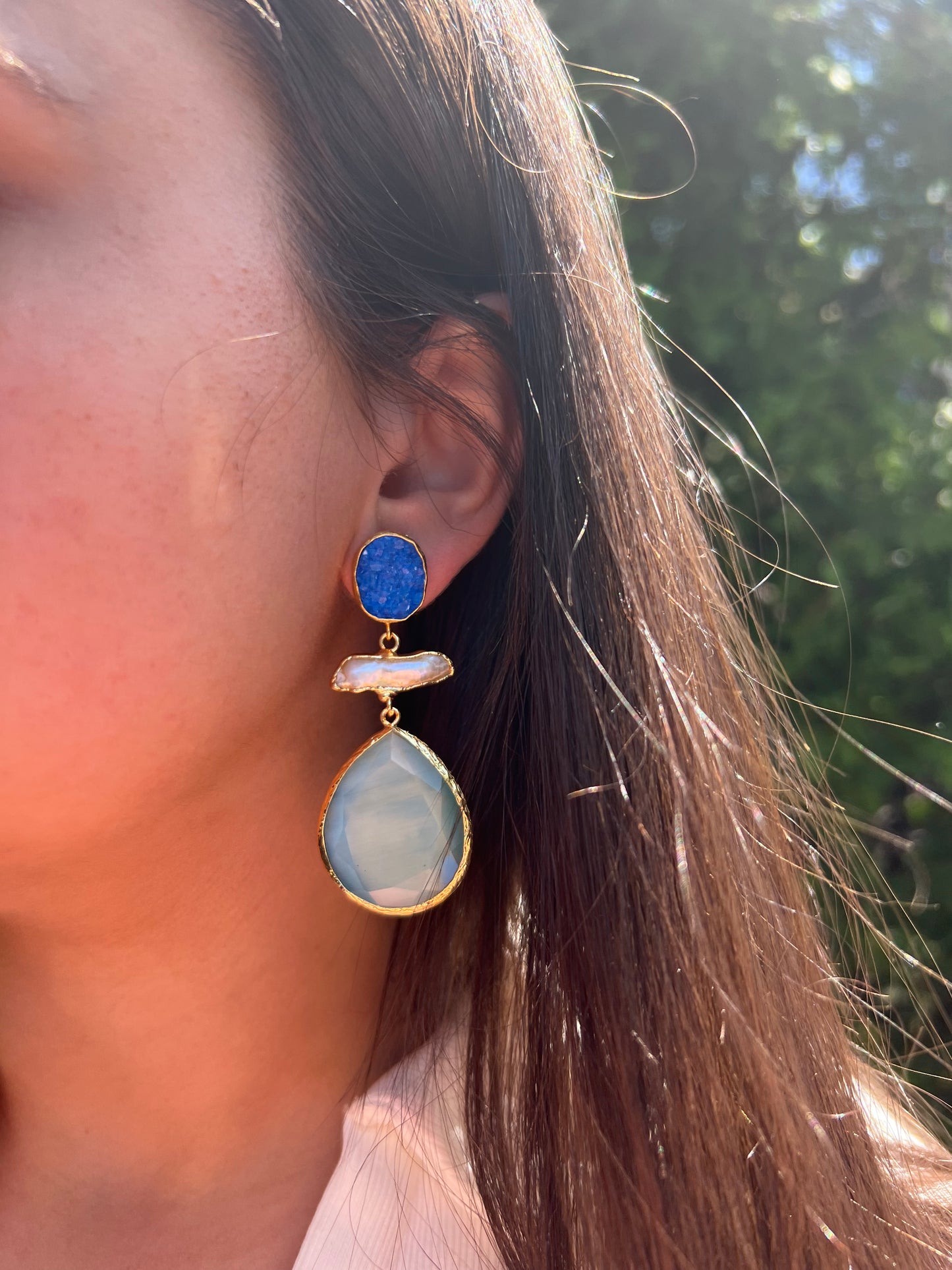 Blue X Pearl Earrings