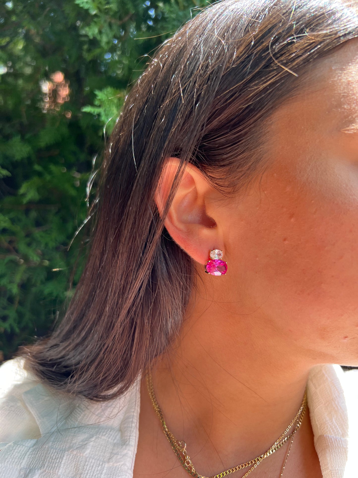 Double Oval CZ n Pink Earrings