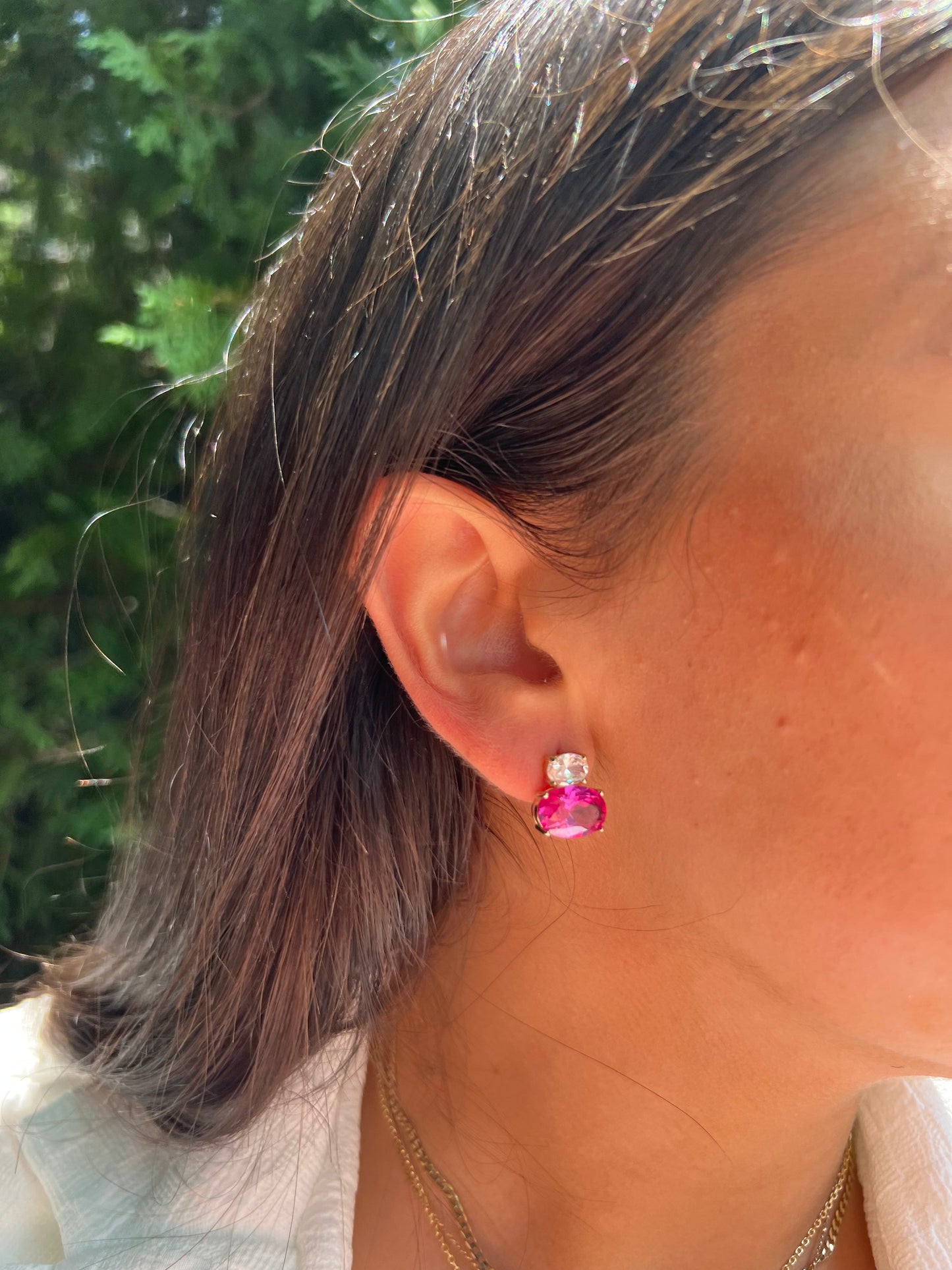 Double Oval CZ n Pink Earrings