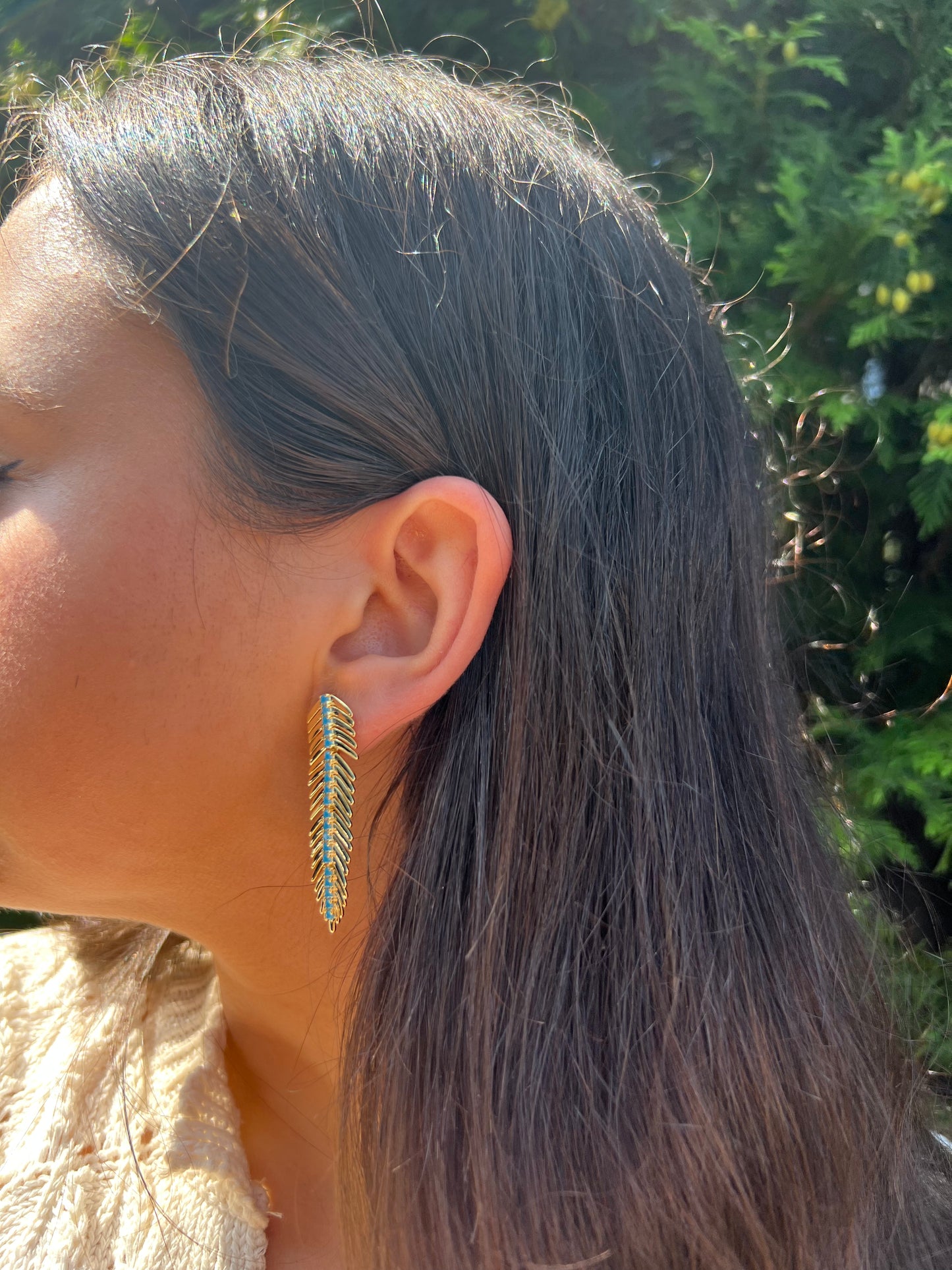 Feather Gold & Turquoise Hoops