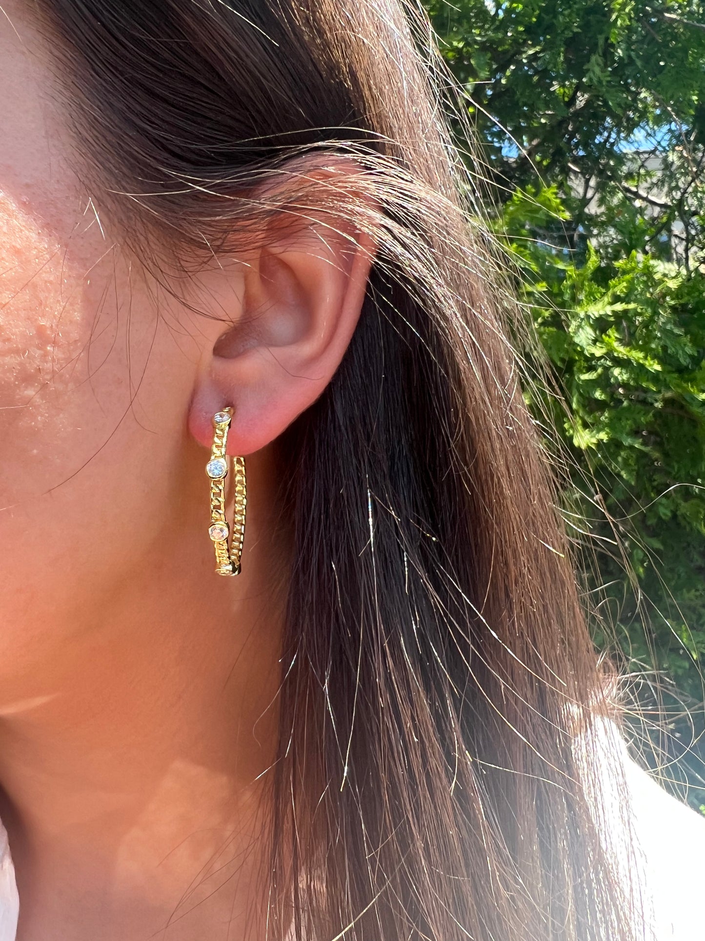 Gold chained CZ hoop Earring