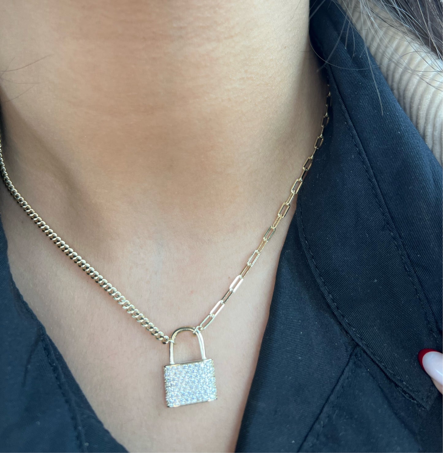 Lock necklace with Cuban & Paper clip chain