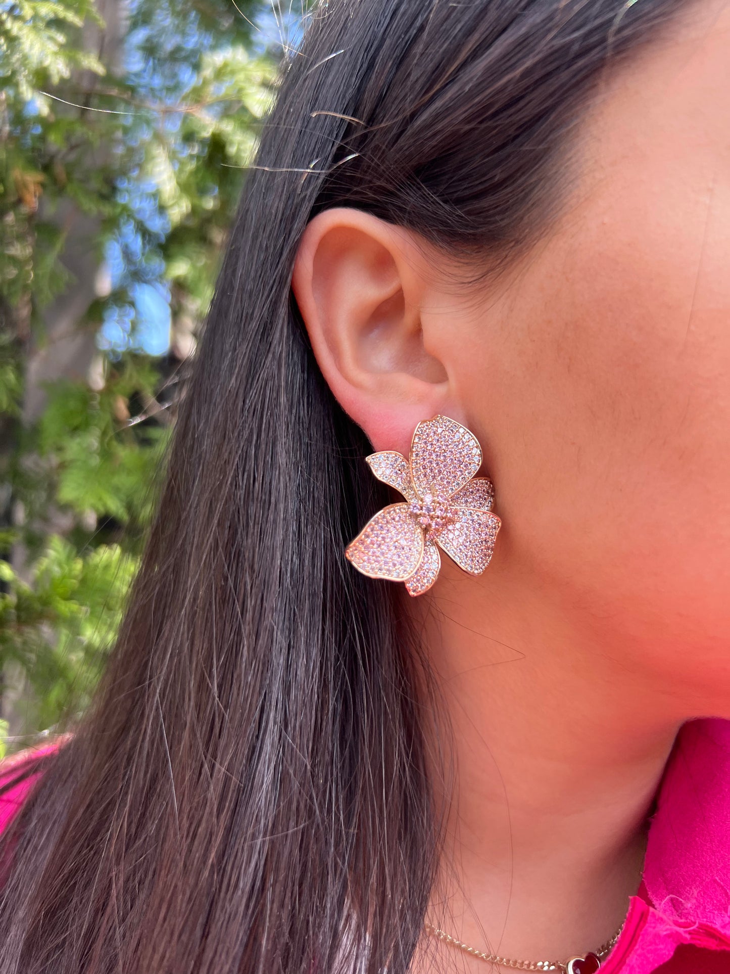 Pink Cz flower Statement Earrings