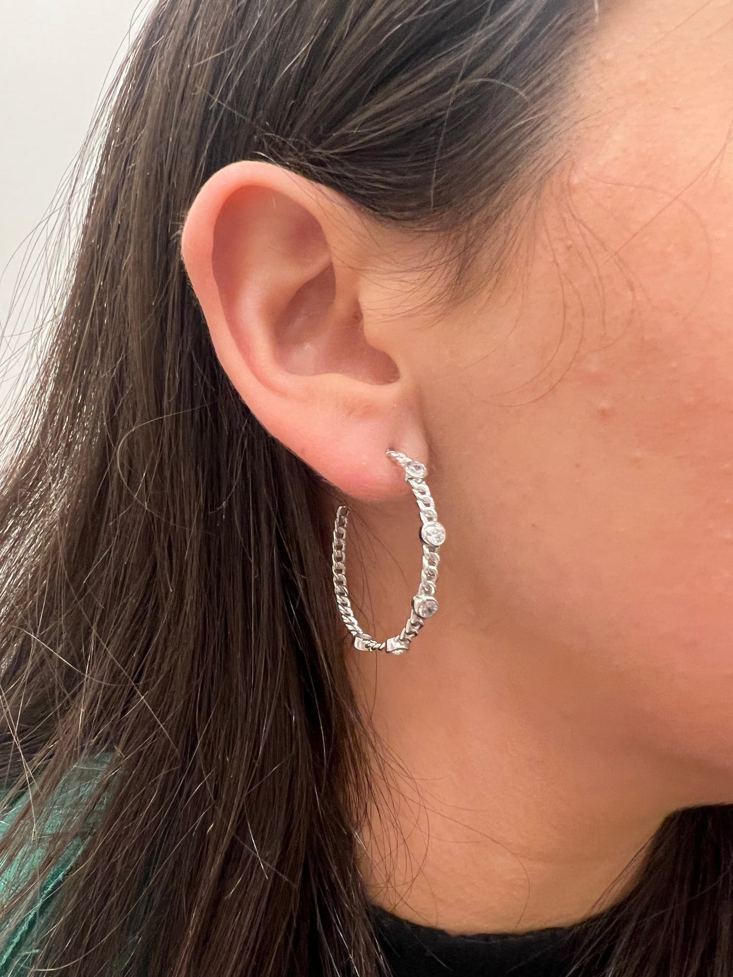 Silver Chained CZ hoop Earring