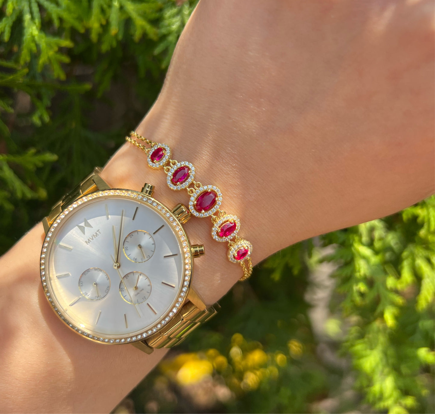 Ruby Red Oval Double Chained Bracelet