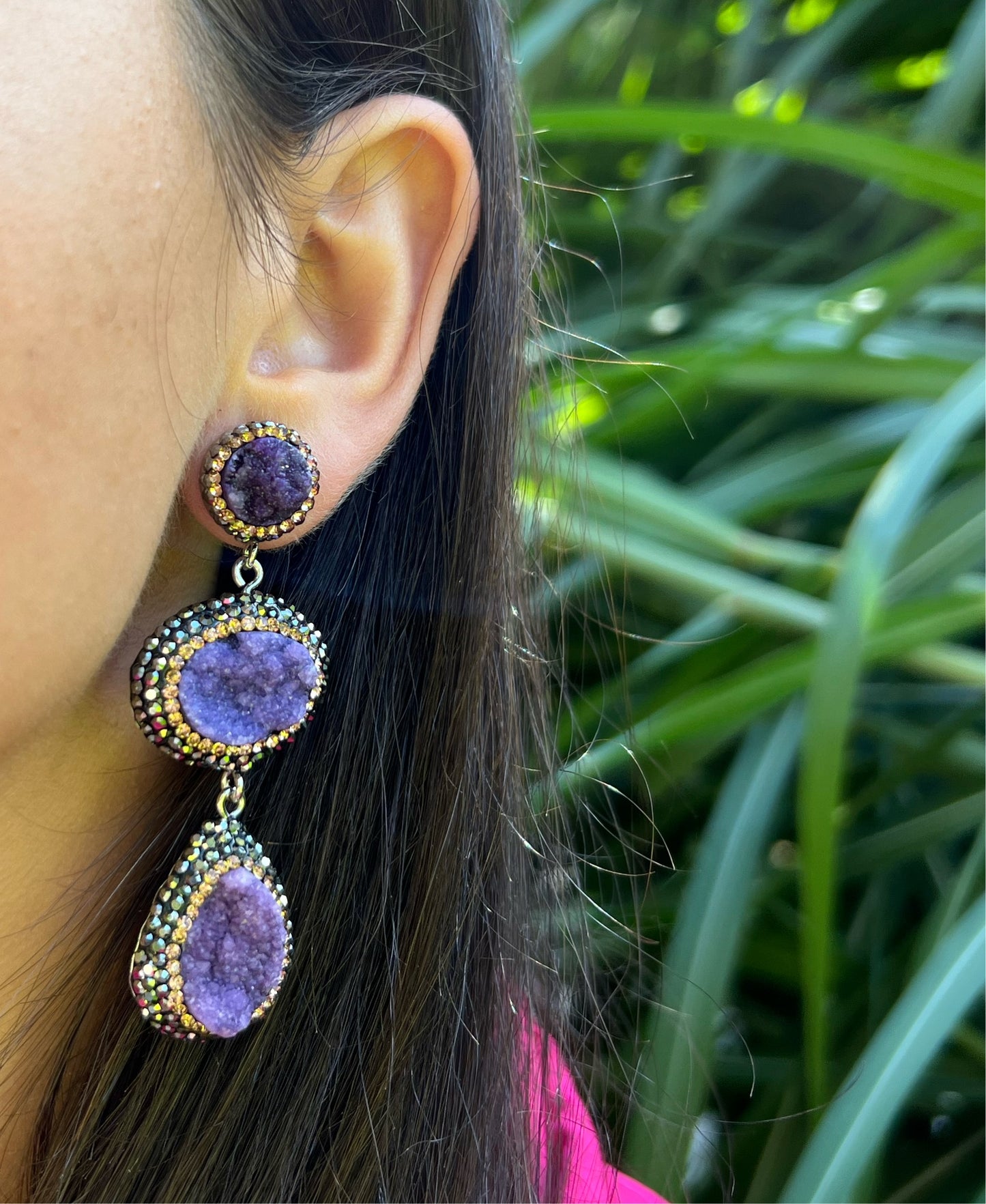 3 Drop Drusy Hanging Earrings