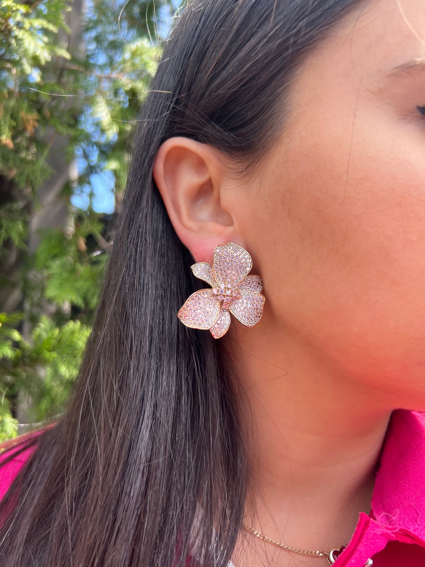 Pink Cz flower Statement Earrings