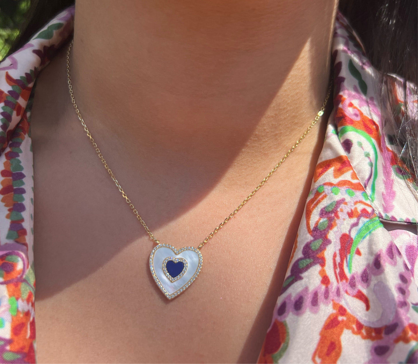 Mother of Pearl X Lapis Heart Necklace