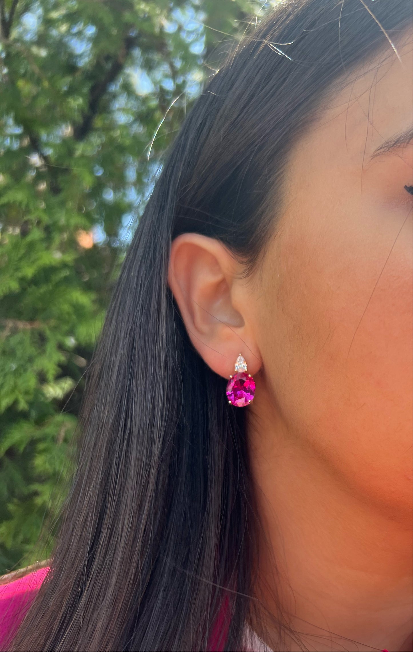 Deep Pink Oval Hanging Stud Earrings