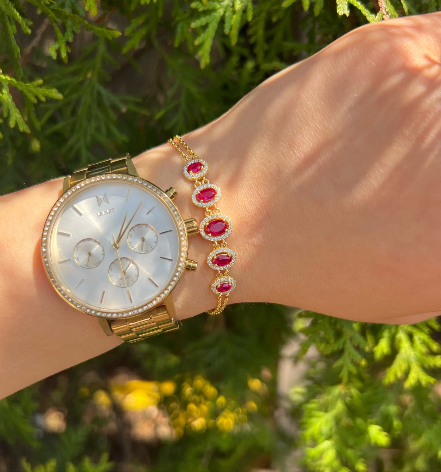 Ruby Red Oval Double Chained Bracelet