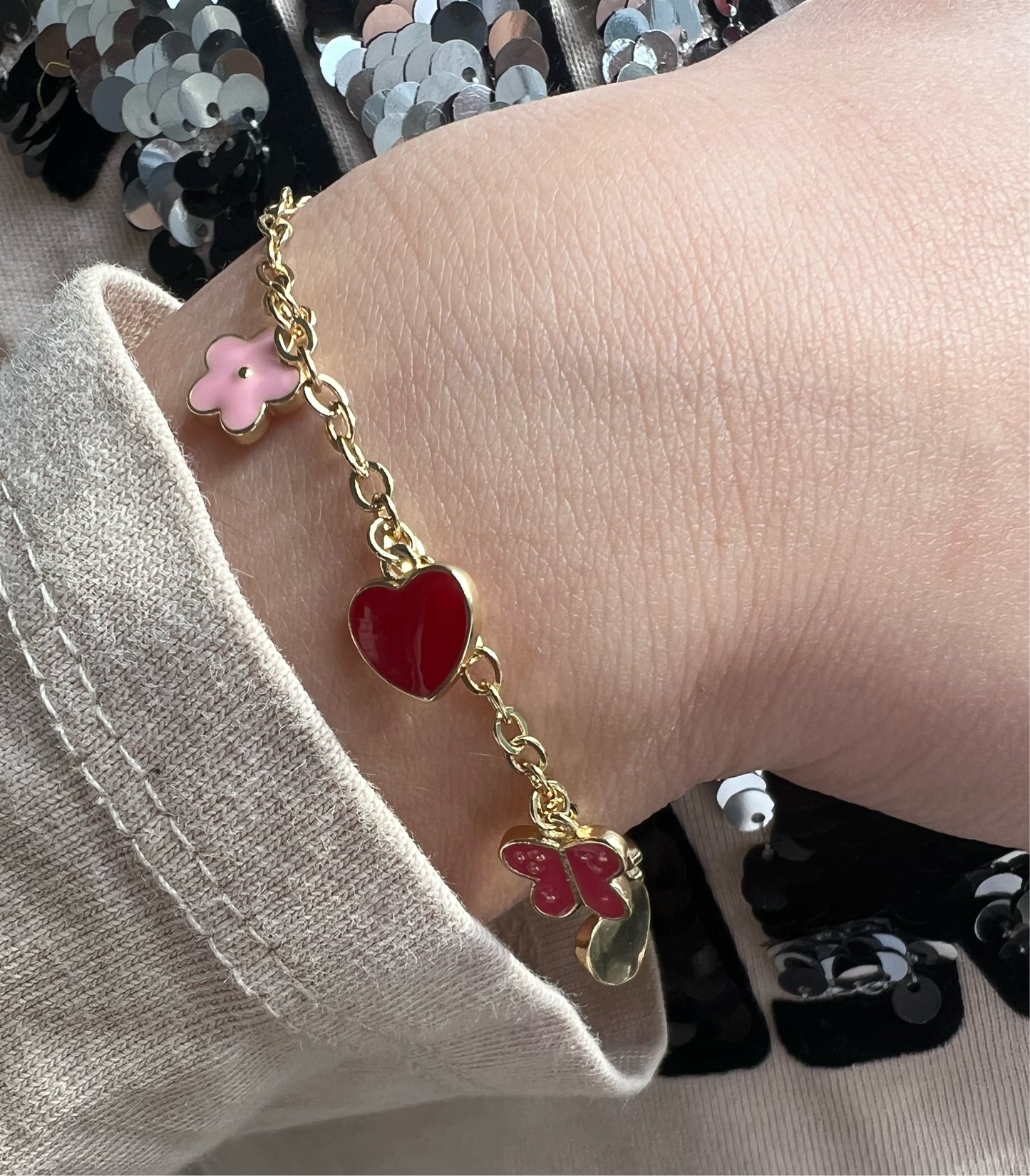 Butterfly, flower & Heart Charm Bracelet