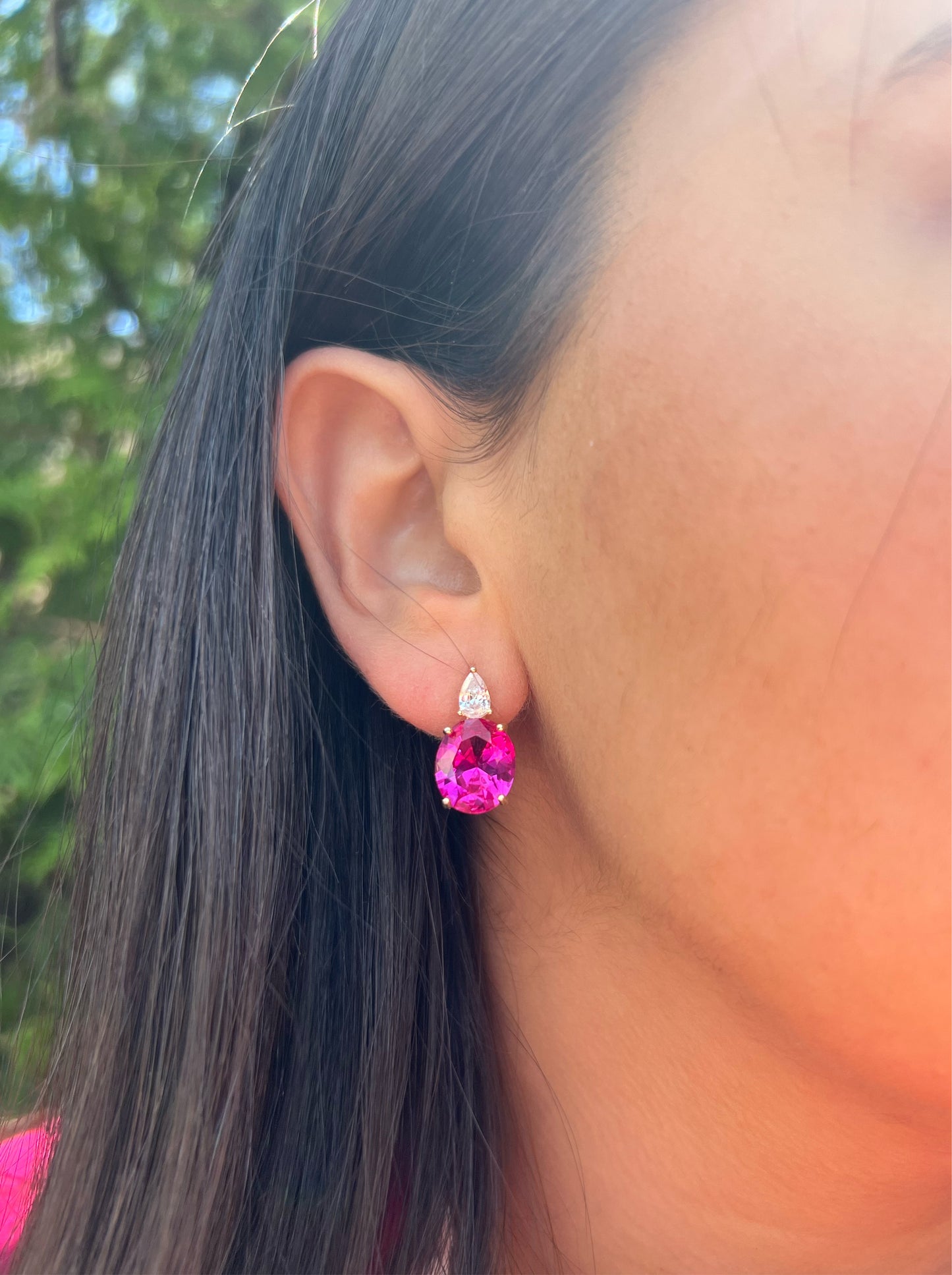 Deep Pink Oval Hanging Stud Earrings