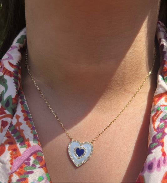 Mother of Pearl X Lapis Heart Necklace