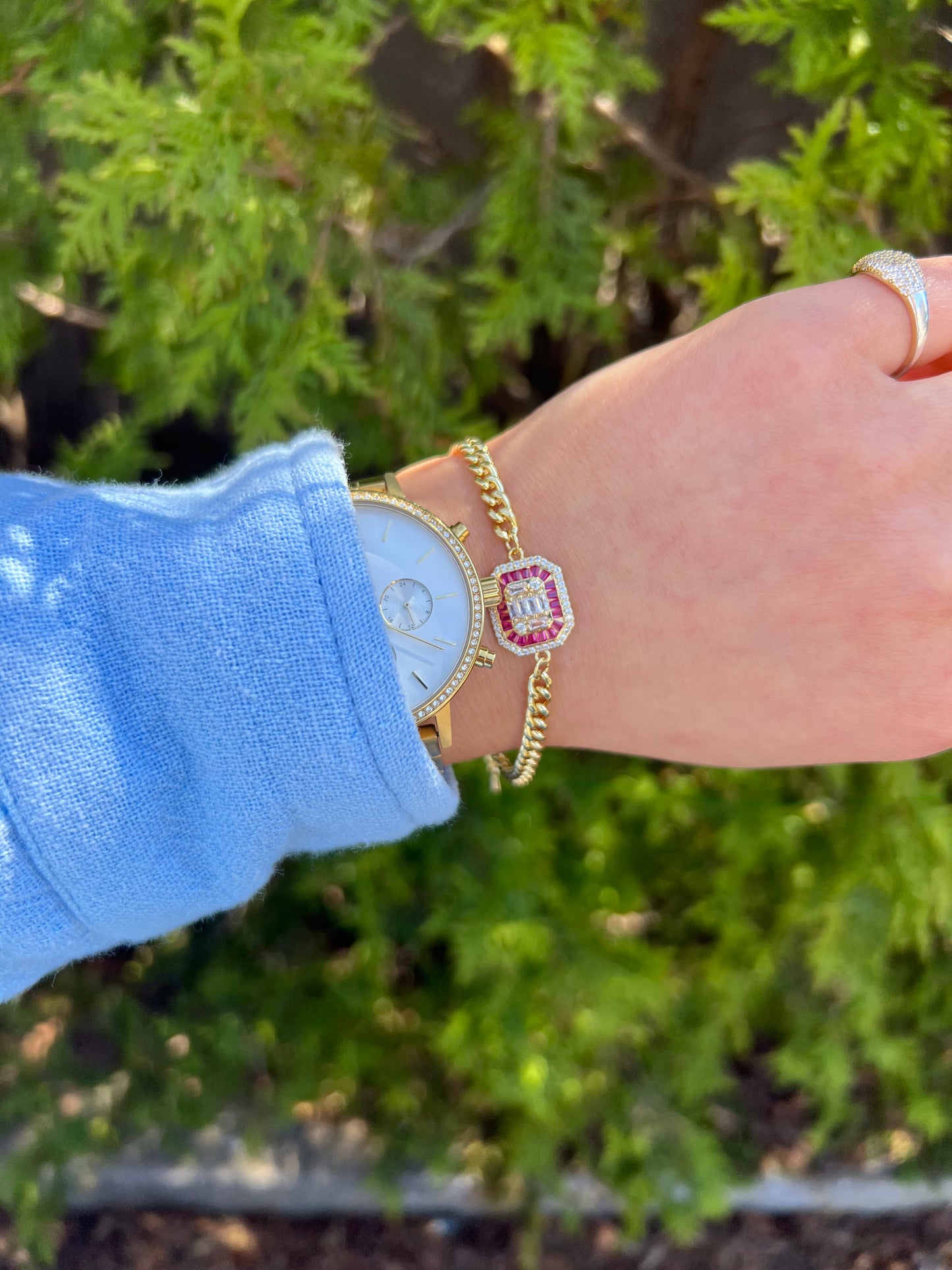 Squared Ruby Pink Chain Bracelet