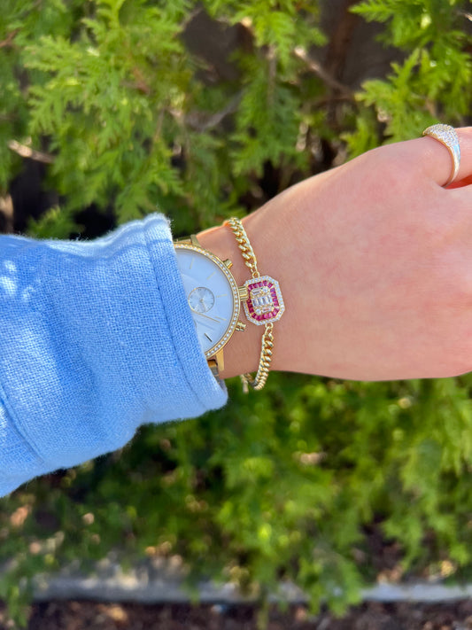 Squared Ruby Pink Chain Bracelet