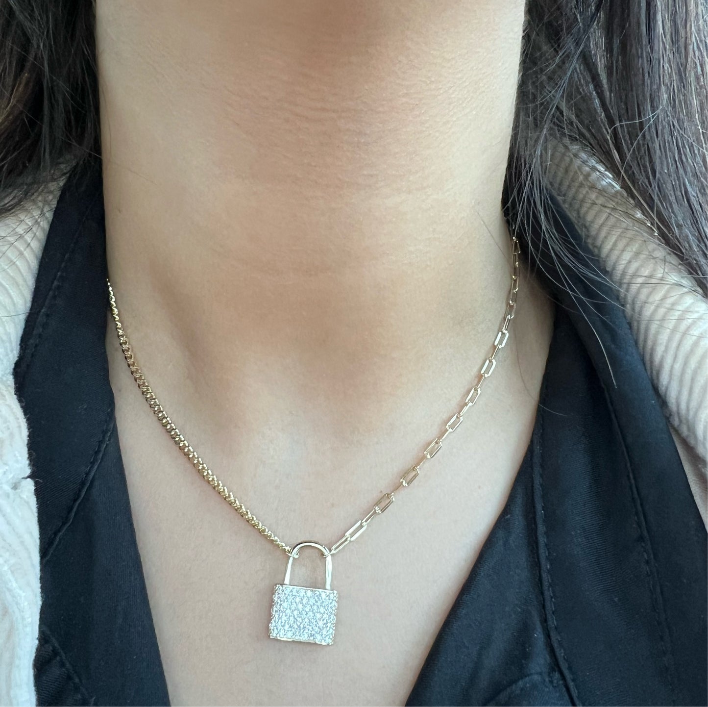 Lock necklace with Cuban & Paper clip chain