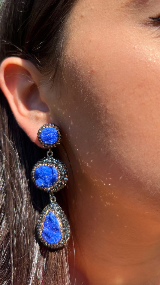 3 Drop Drusy Earrings Blue