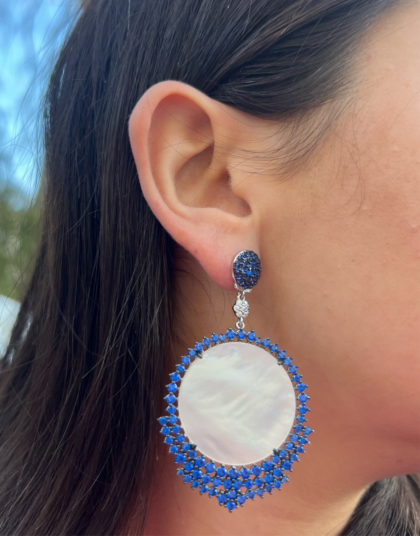 Mother of Pearl X Blue Sapphire Earrings