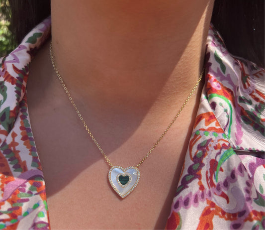 Mother of Pearl X Green Heart Necklace