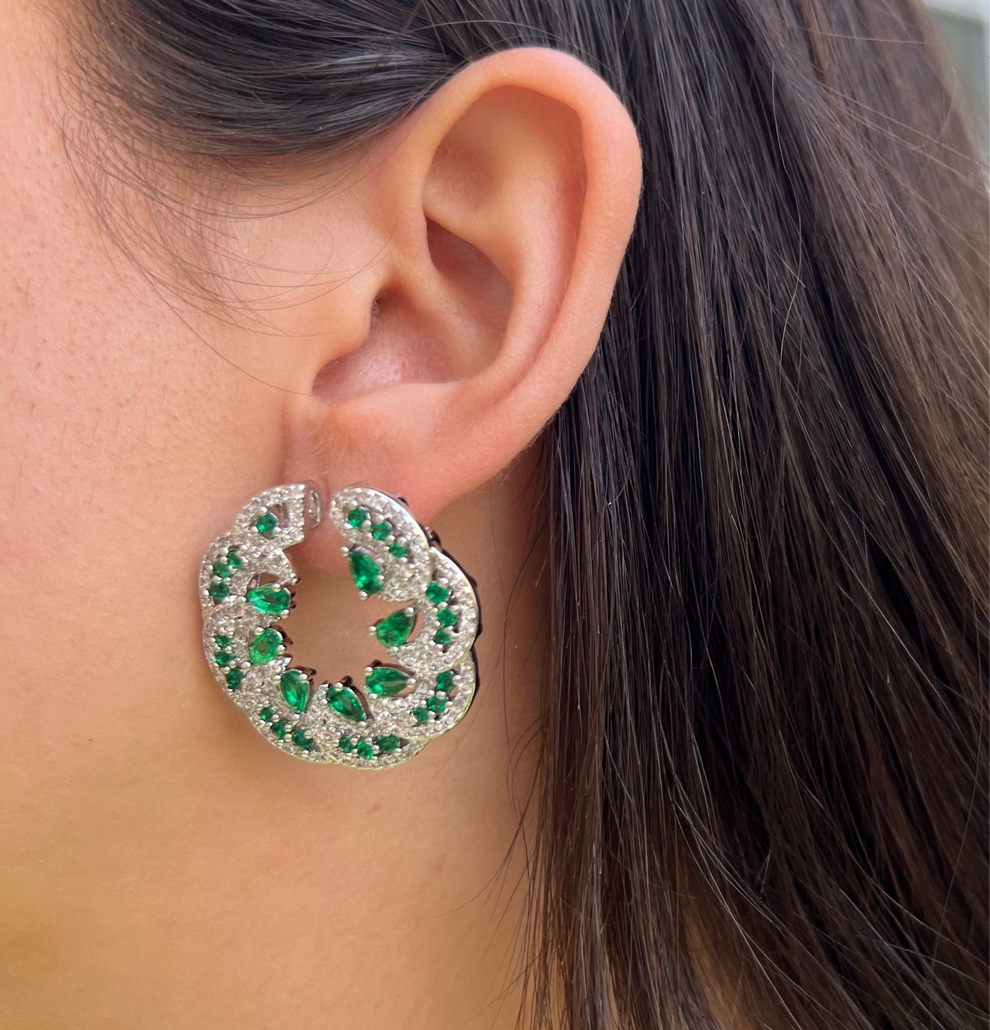 Emerald Green X CZ Round Earrings