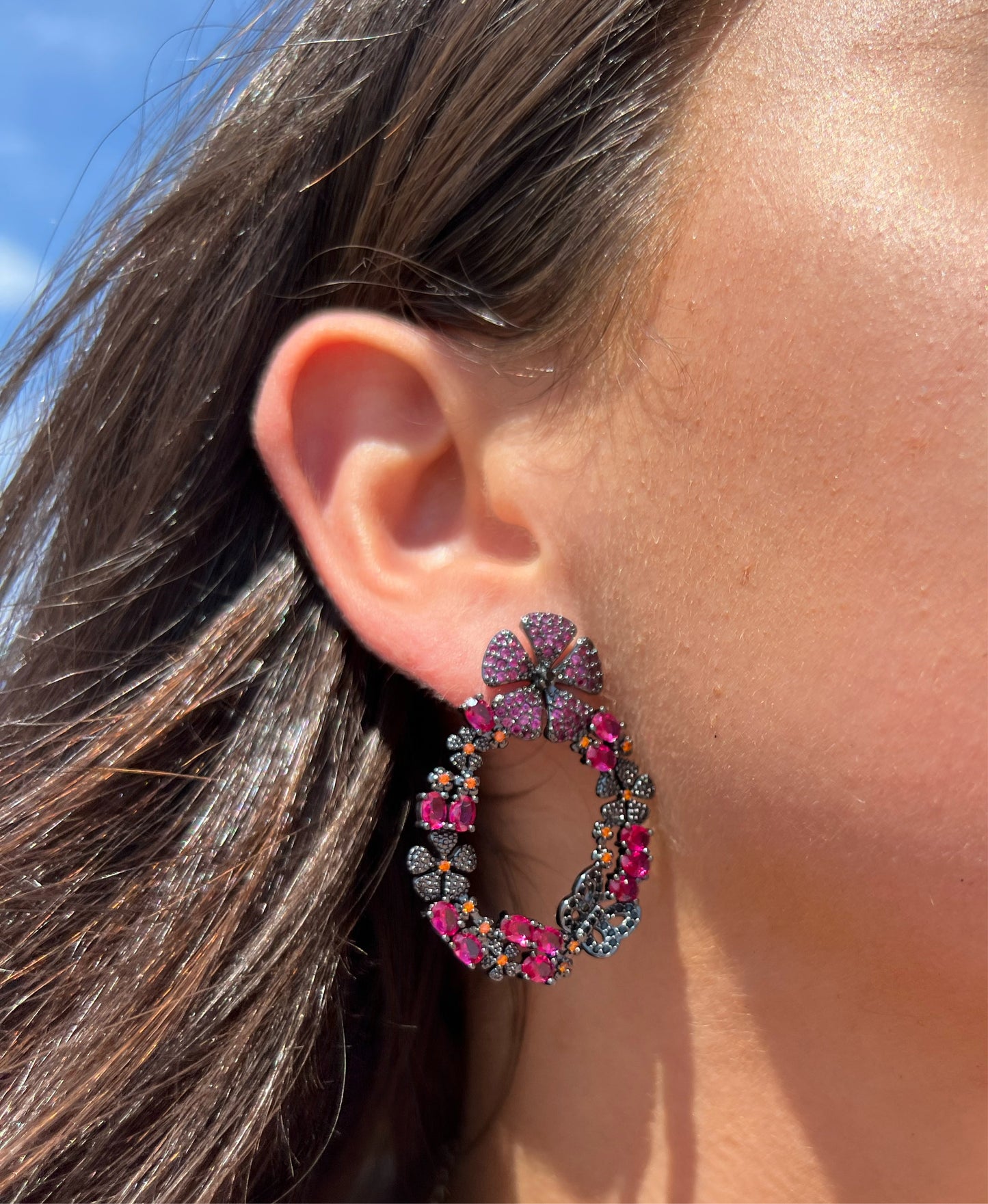 Ruby Pink Flower and Butterfly Earrings