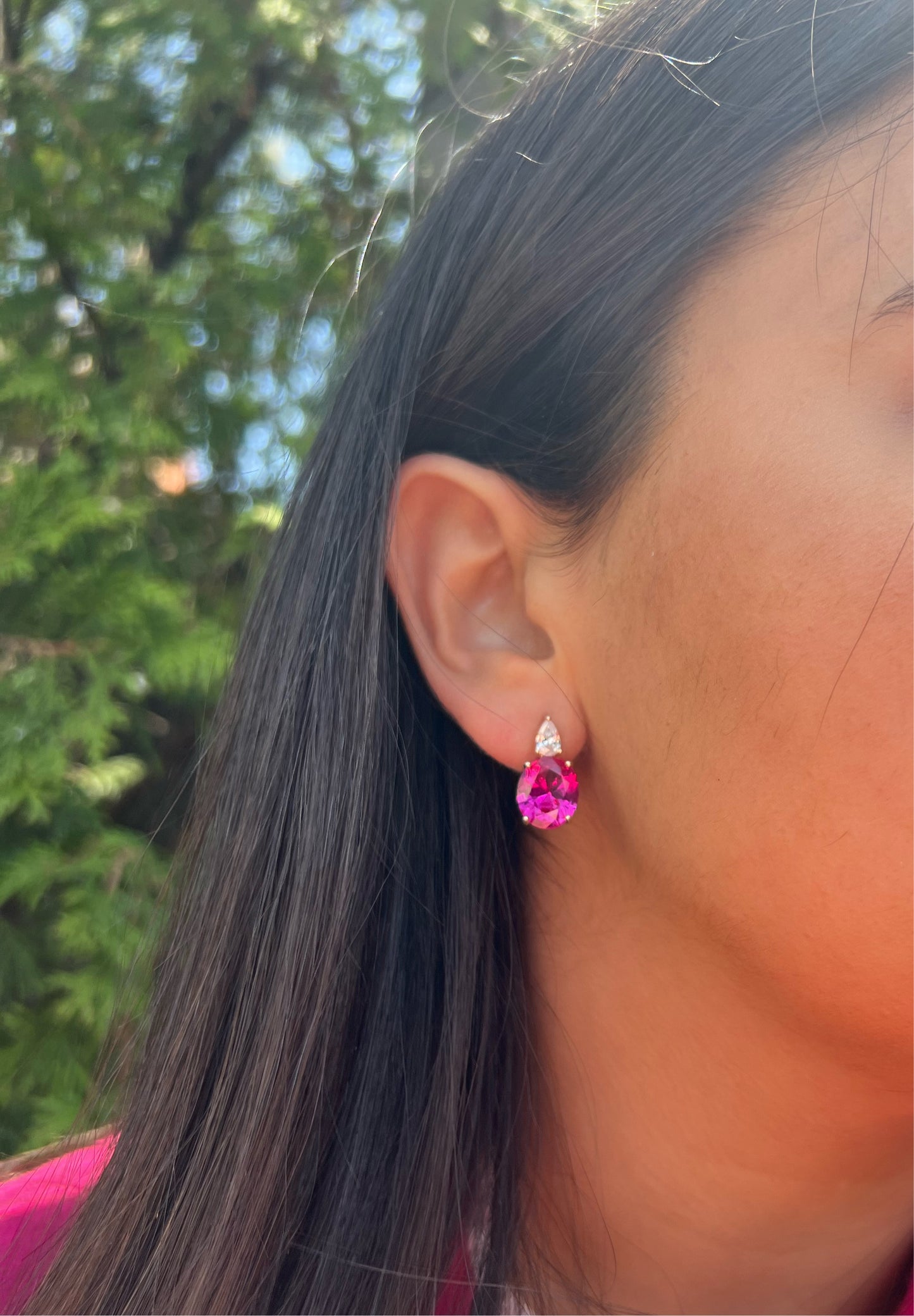 Deep Pink Oval Hanging Stud Earrings