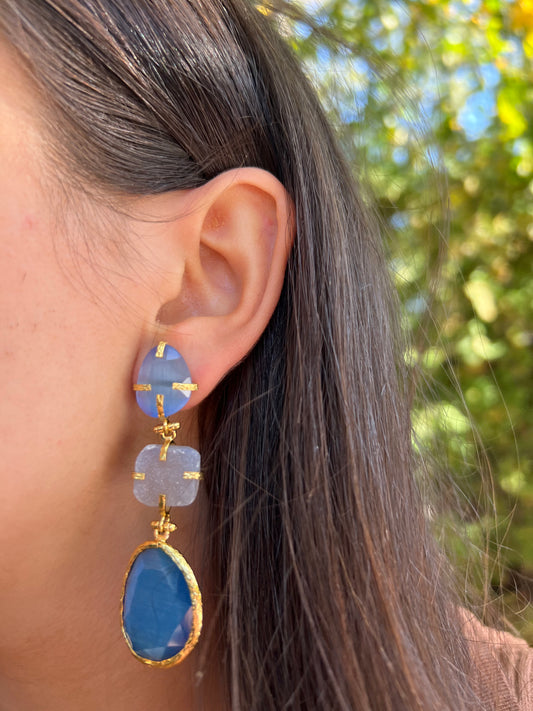 Triple Blue Stoned Earrings