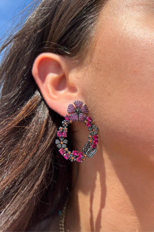 Ruby Pink Flower and Butterfly Earrings