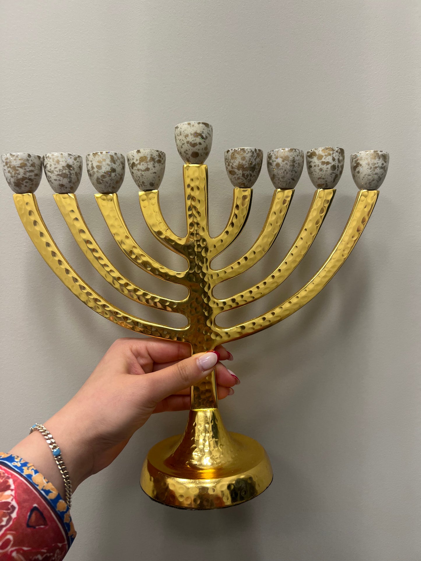 Hammered Menorah With Gold Reeds